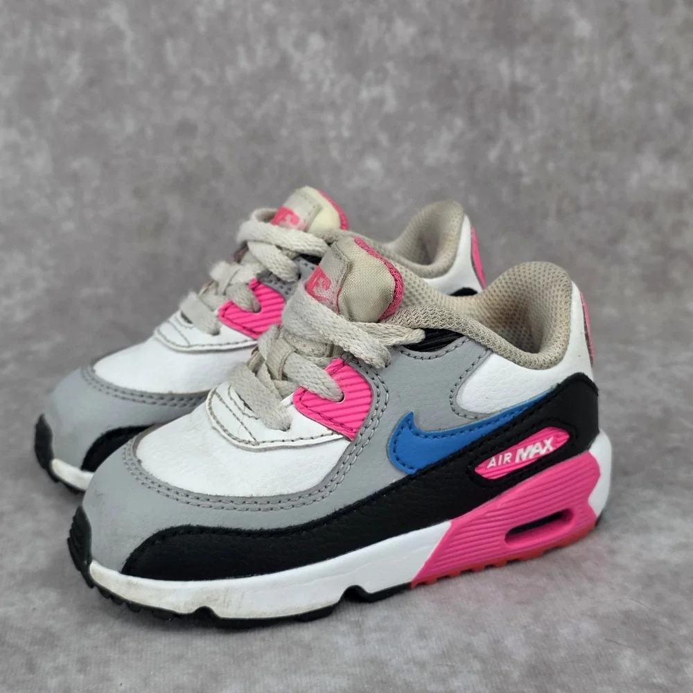 Nike Air Max 90 Toddler White Pink Blue Black Sneakers Size 6C Girls Shoes